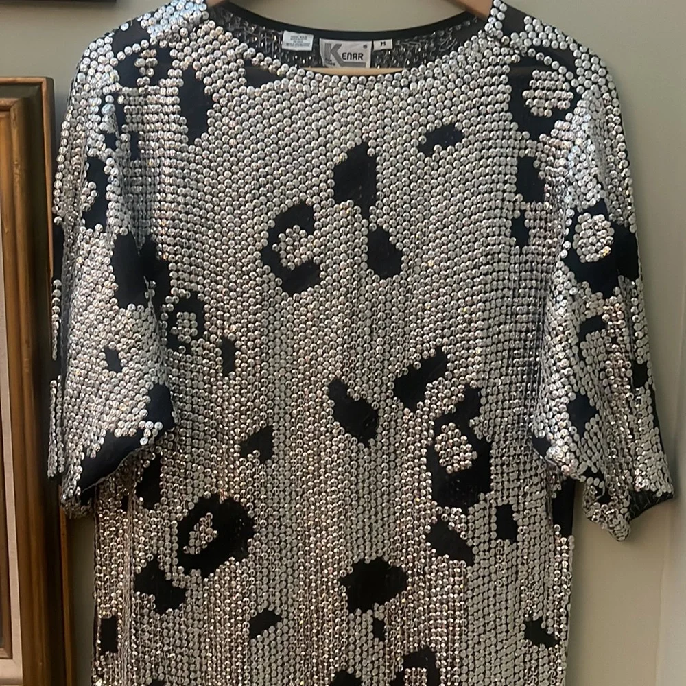 Vintage Sequin Silver Leopard Holiday Dress Size M Kenar Silk Animal Print 80s
